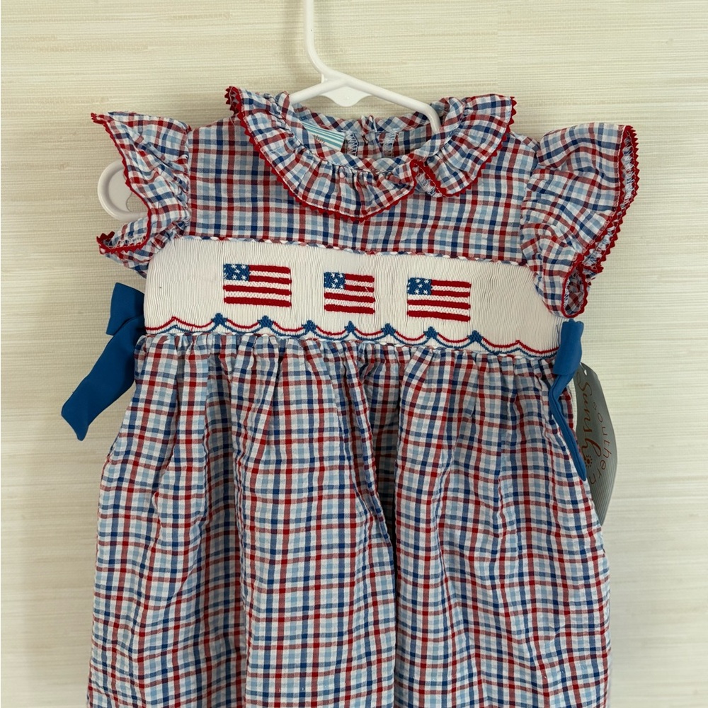 NWT Plaid Smocked Dress with Flag Embroidery 12m